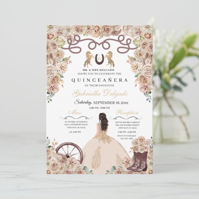Champagne Gold Charro Princess Quinceanera Invitation (Standing Front)