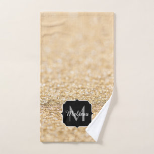 Champagne gold faux glitter sparkles Monogram Bath Towel Set