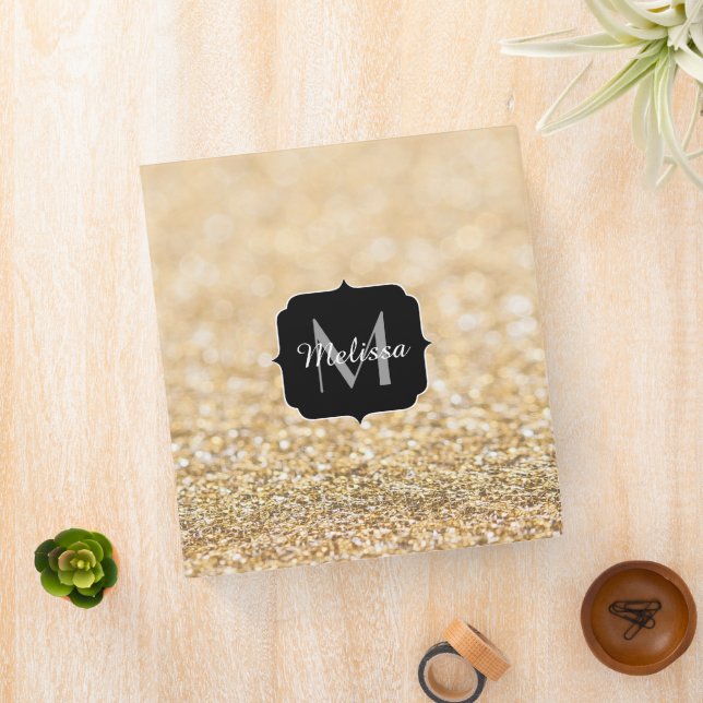Champagne gold faux glitter sparkles Monogram Binder (In Situ)