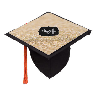 Champagne gold faux glitter sparkles Monogram Graduation Cap Topper