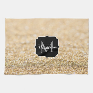 Champagne gold faux glitter sparkles Monogram Kitchen Towel