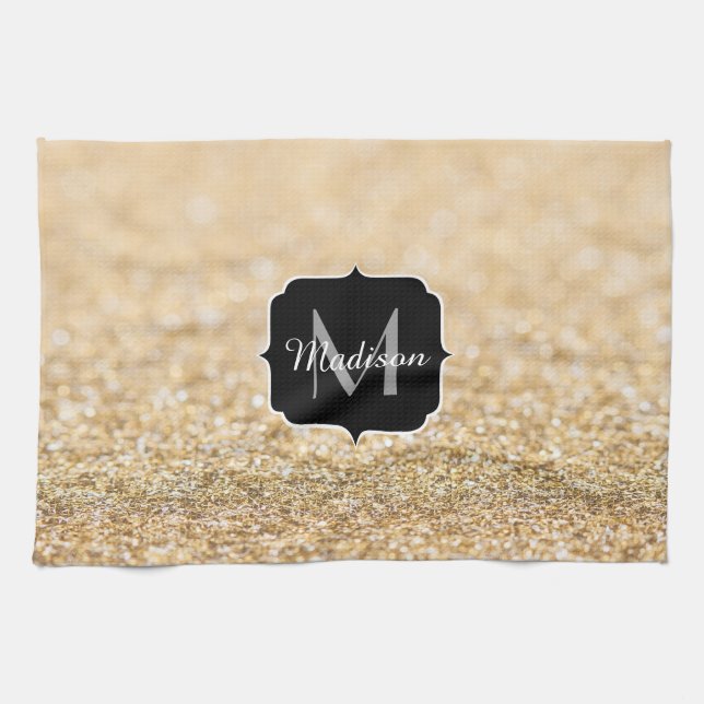 Champagne gold faux glitter sparkles Monogram Kitchen Towel (Horizontal)