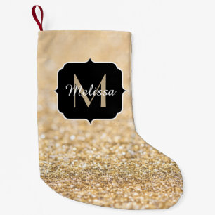 Champagne gold faux glitter sparkles Monogram Small Christmas Stocking