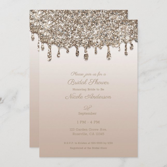 Champagne Gold Glitter Drip Glam Bridal Shower Invitation (Front/Back)