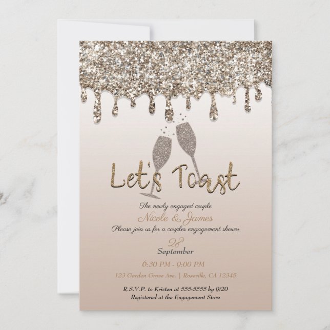 Champagne Gold Glitter Drip Glam Engagement Shower Invitation (Front)