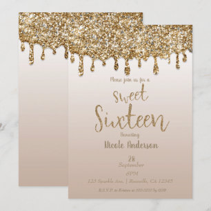 Champagne Gold Glitter Drip Glam Sweet 16 Sixteen Invitation