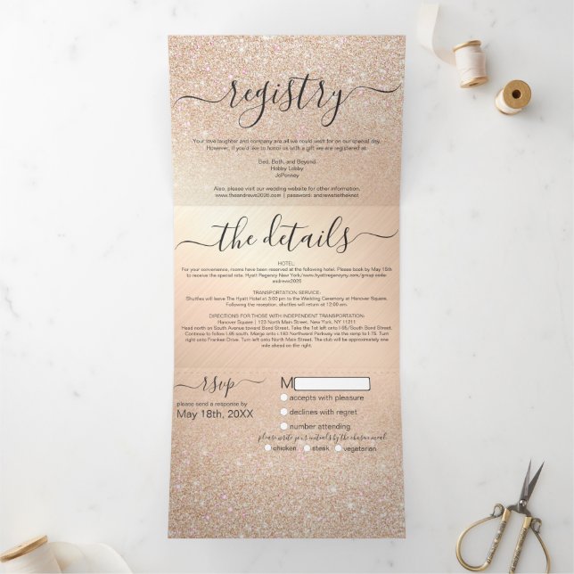 Champagne Gold Glitter Metal Registry Detail RSVP Tri-Fold Invitation (Inside)