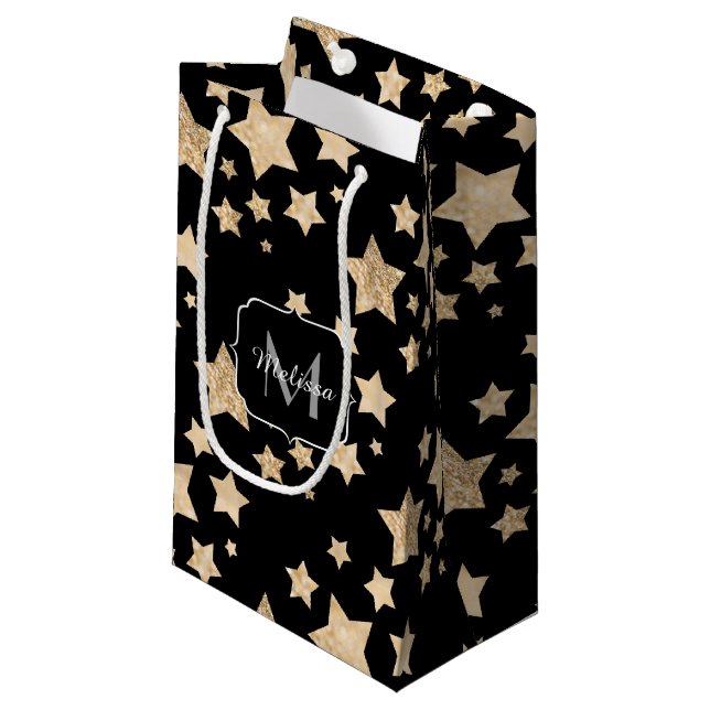 Champagne gold glitter sparkle Stars Monogram Small Gift Bag (Front Angled)
