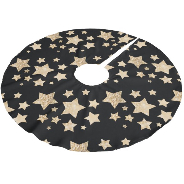 Champagne gold glitter sparkle Stars pattern black Brushed Polyester Tree Skirt (Angled)