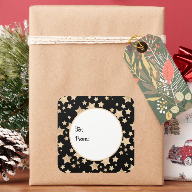 Champagne gold glitter sparkle Stars To From Square Sticker (Holiday)
