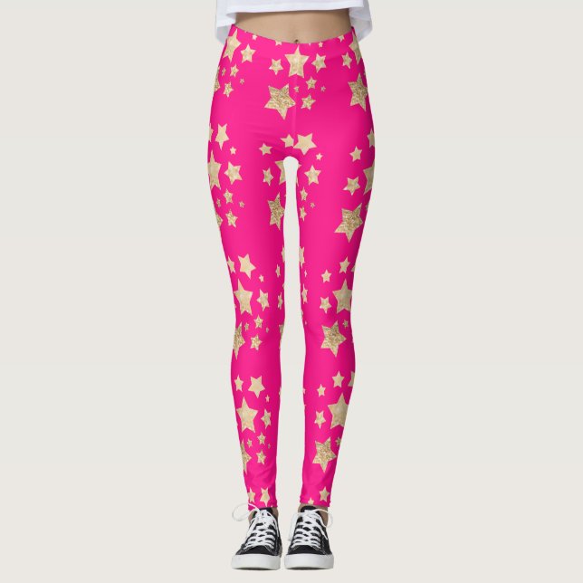 Champagne gold glitter sparkles Stars hot pink Leggings (Front)