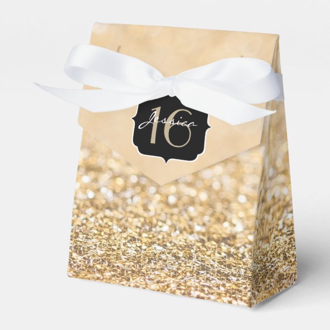 Champagne gold glitter sparkles Sweet 16 Favor Box (Front Side)