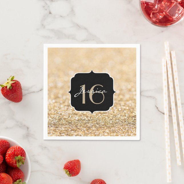 Champagne gold glitter sparkles Sweet 16 Napkin (Insitu)
