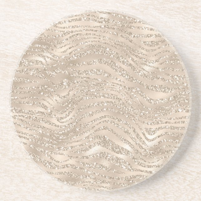 Champagne Gold Glitzy Glitter Zebra Print Coaster (Front)