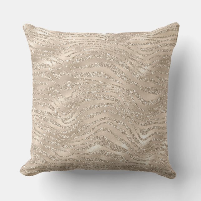 Champagne Gold Glitzy Glitter Zebra Print Throw Pillow (Front)
