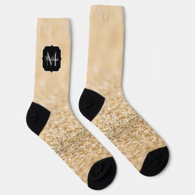 Champagne gold light faux glitter sparkle Monogram Socks (Right)