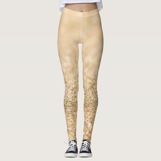 Champagne gold light faux glitter sparkles leggings (Front)