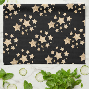 Champagne gold light faux glitter sparkles Stars Kitchen Towel