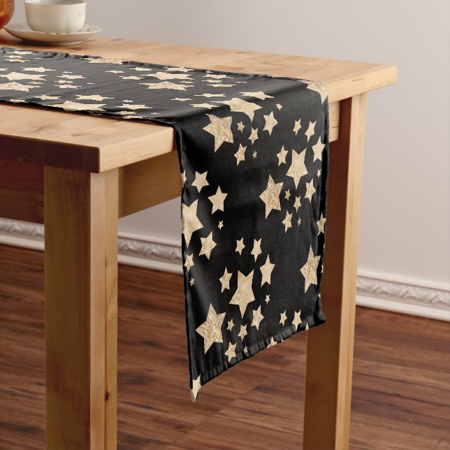 Champagne gold light faux glitter sparkles Stars Short Table Runner (In Situ)