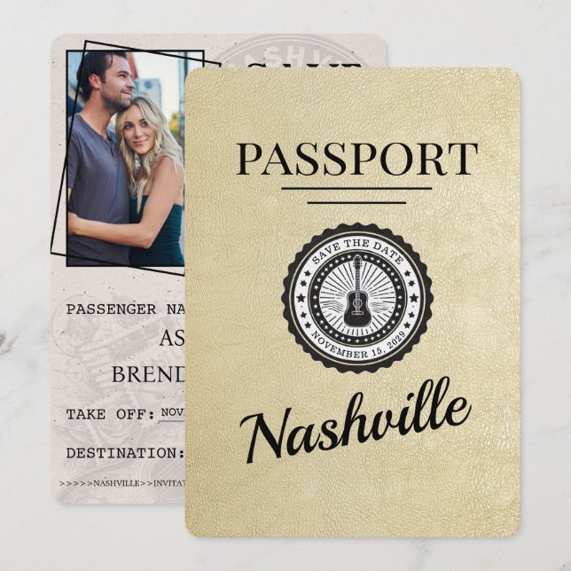 Champagne Gold Nashville Passport Save The Date (Front/Back)
