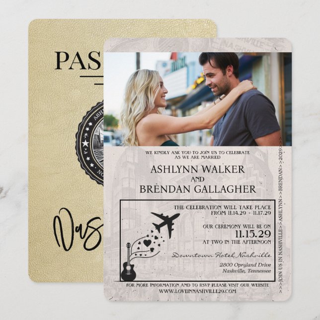 Champagne Gold Nashville Passport Wedding Invitation (Front/Back)
