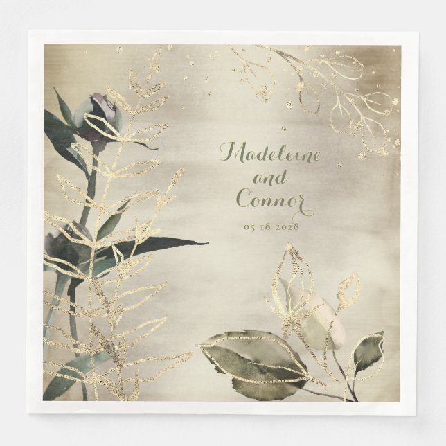 Champagne Gold Peony Garden Elegant Wedding Napkin (Front)