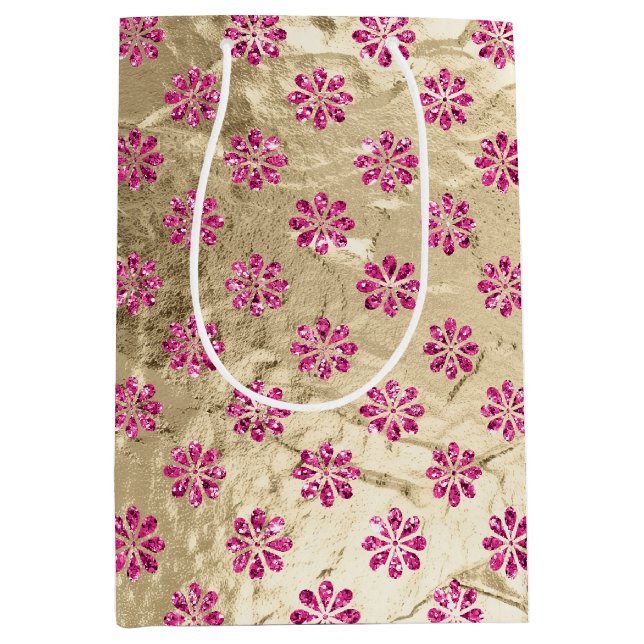 Champagne Gold Pink Glitzy Flowers Medium Gift Bag (Front)