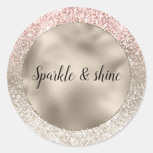 Champagne Gold Pink White Glitzy Glitter Classic Round Sticker (Front)