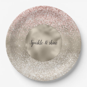 Champagne Gold Pink White Glitzy Glitter Paper Plate