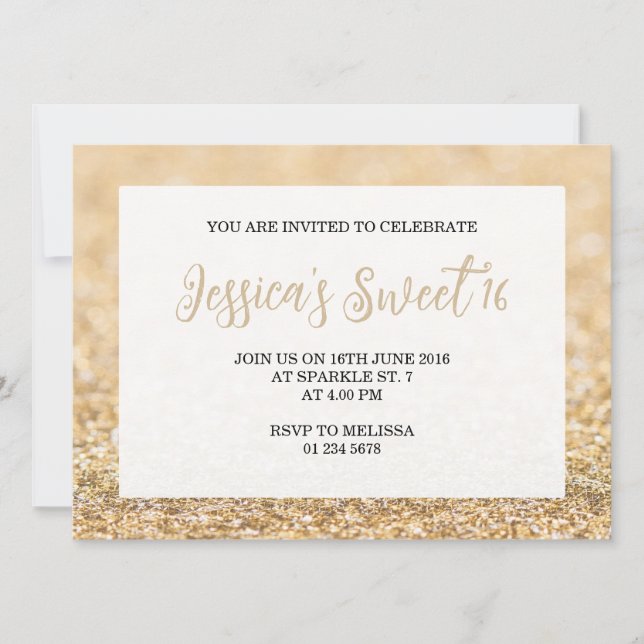 Champagne gold sparkles Sweet 16 elegant script Invitation (Front)