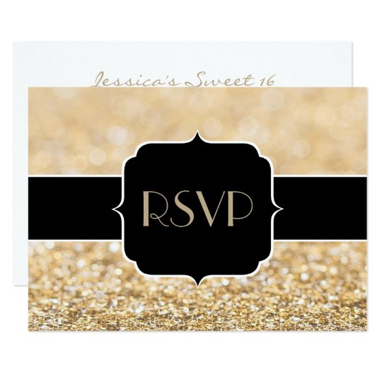 Champagne gold sparkles Sweet 16 RSVP horizontal Card