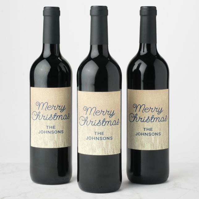 Champagne Gold Texture Navy Blue Merry Christmas Wine Label (Bottles)