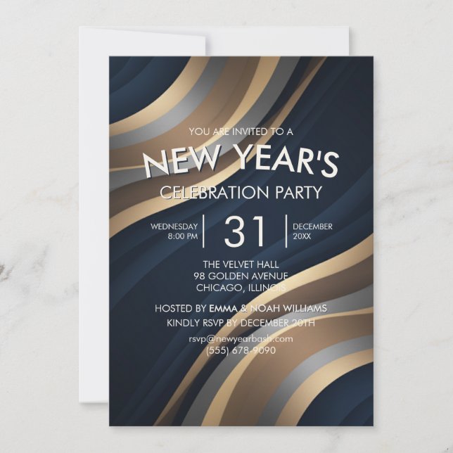 Champagne Gold Wave New Year Party Invitation (Devant)