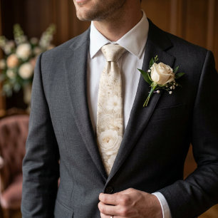 Champagne Gold White Botanical Wedding Groomsmen Tie