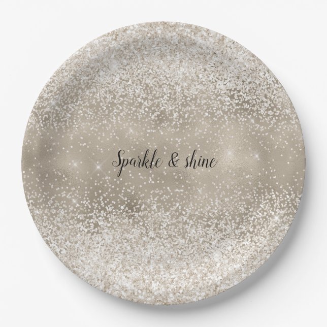 Champagne Gold White Glitzy Glitter Paper Plate (Front)