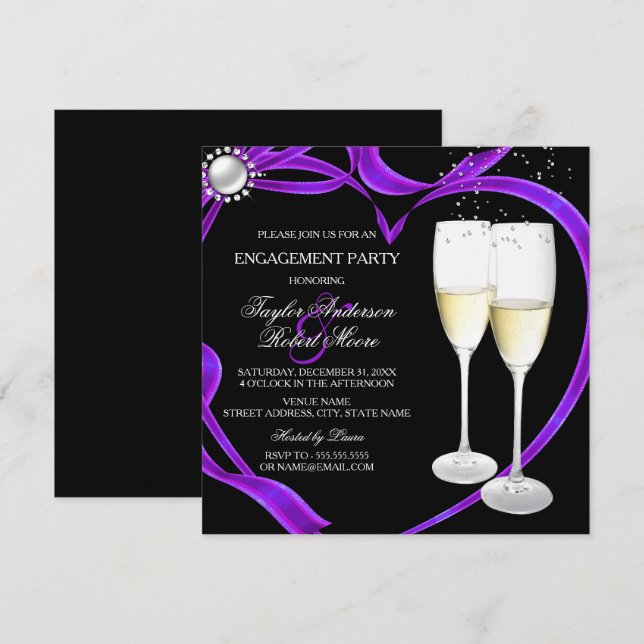 Champagne & Heart Engagement Party Purple Invitation (Front/Back)
