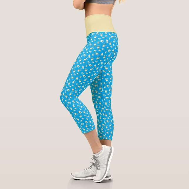 Champagne Heart Shaped Leaf Pattern Over Blue Capri Leggings (Left)