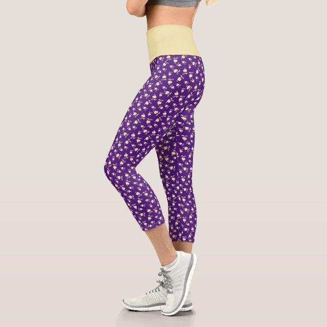 Champagne Heart Shaped Leaf Pattern Over Purple Capri Leggings (Left)