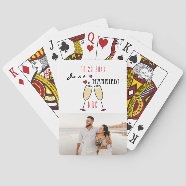 Champagne Hearts Photo Just Married Playing Cards (Back)