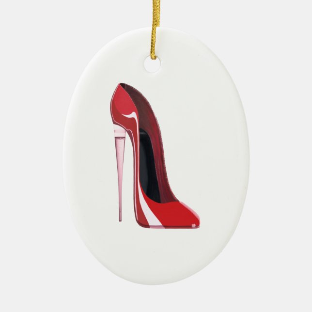 Champagne Heel Red Stiletto Shoe Art Ceramic Ornament (Front)