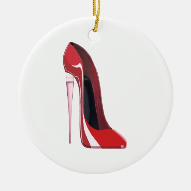 Champagne Heel Red Stiletto Shoe Art Ceramic Ornament (Front)