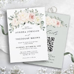 Champagne Ivory Blush Floral Greenery QR Wedding Invitation<br><div class="desc">Ivory floral wedding Invitation with QR code details on back featuring elegant bouquet of peach , white , gold, champagne ivory, blush colour rose , ranunculus flower buds and sage green eucalyptus leaves and elegant watercolor bouquet. Please contact me for any help in customization or if you need any other...</div>