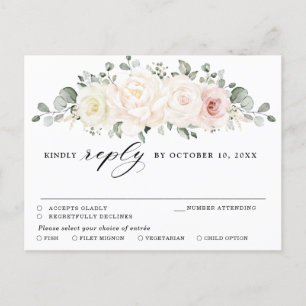 Champagne Ivory Blush Pink Floral Greenery RSVP Postcard