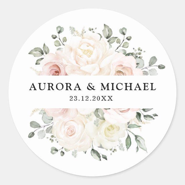 Champagne Ivory Blush Pink Floral Greenery Wedding Classic Round Sticker (Front)