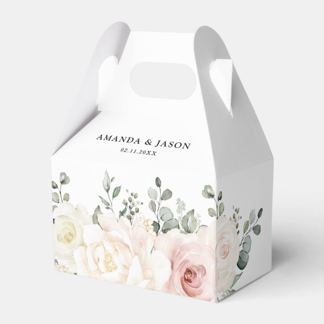 Champagne Ivory Blush Pink Floral Greenery Wedding Favor Box (Front Side)