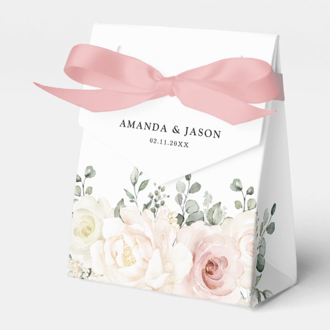 Champagne Ivory Blush Pink Floral Greenery Wedding Favor Box (Front Side)