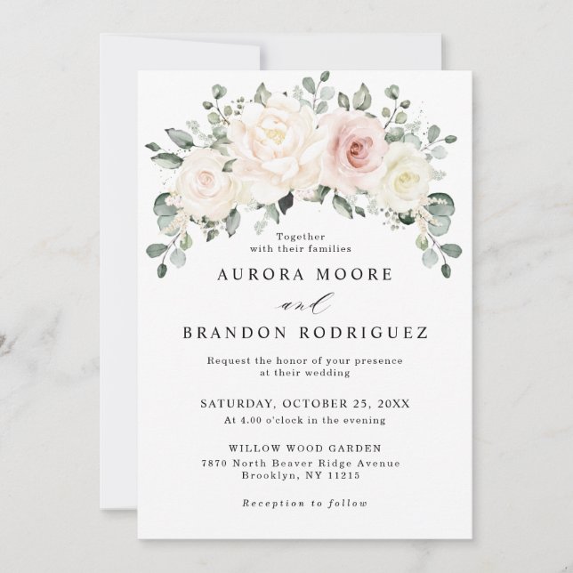 Champagne Ivory Blush Pink Floral Greenery Wedding Invitation (Front)