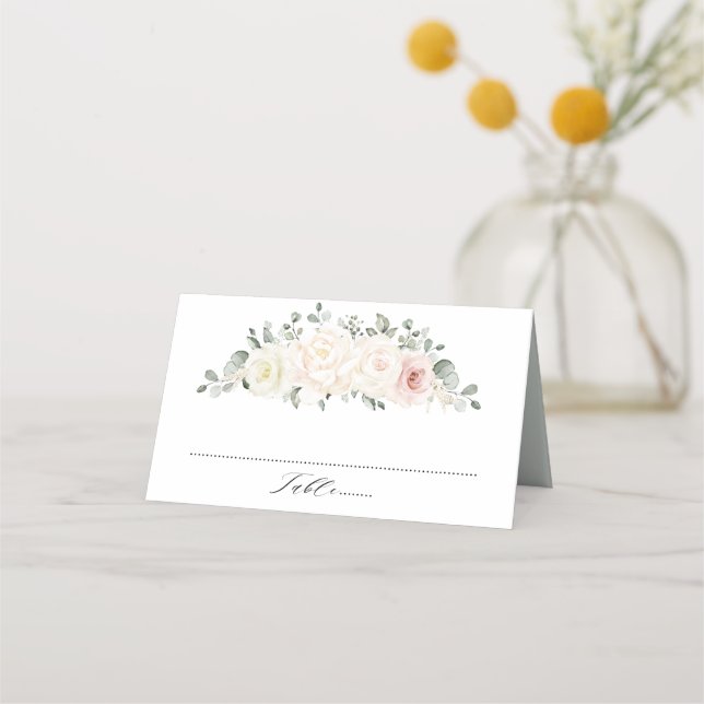 Champagne Ivory Blush Pink Floral Greenery Wedding Place Card (Front)