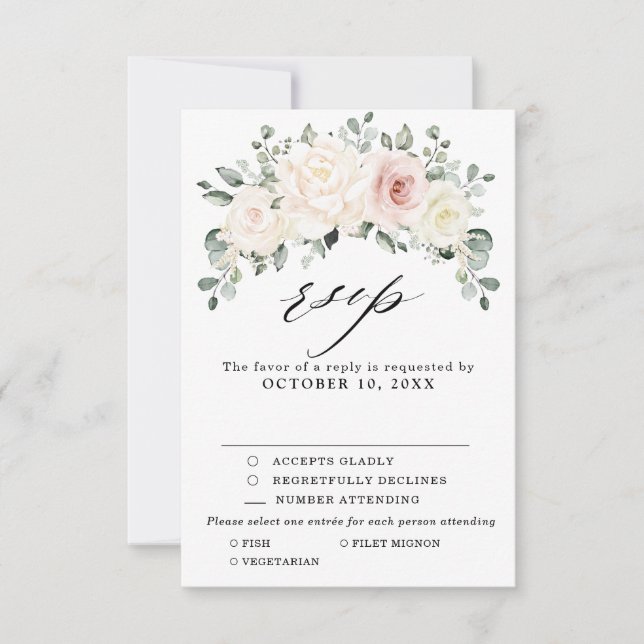 Champagne Ivory Blush Pink Floral Greenery Wedding RSVP Card (Front)