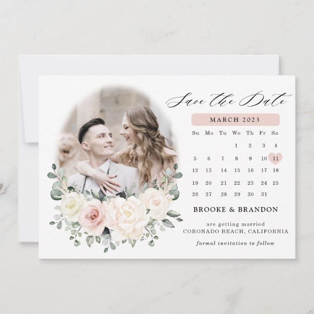 Champagne Ivory Blush Pink Floral Greenery Wedding Save The Date (Front)